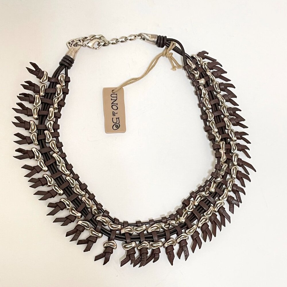 UNO DE 50 ROCK CROCO Braided Leather Fringe BOHO Silver Bezel Statement Necklace - Picture 5 of 11